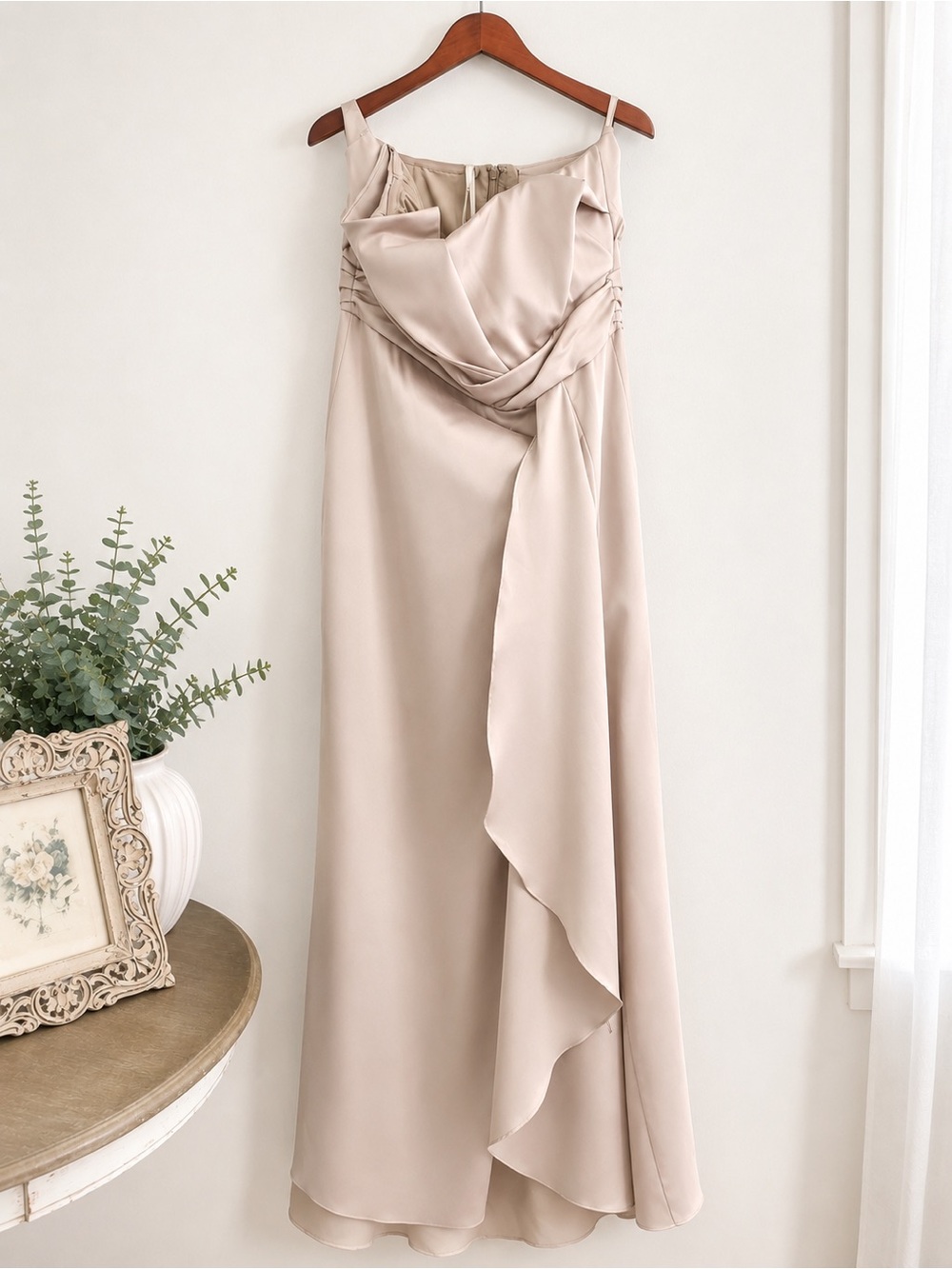 Donna Karan Champagne Draped Matte Satin Strapless Gown